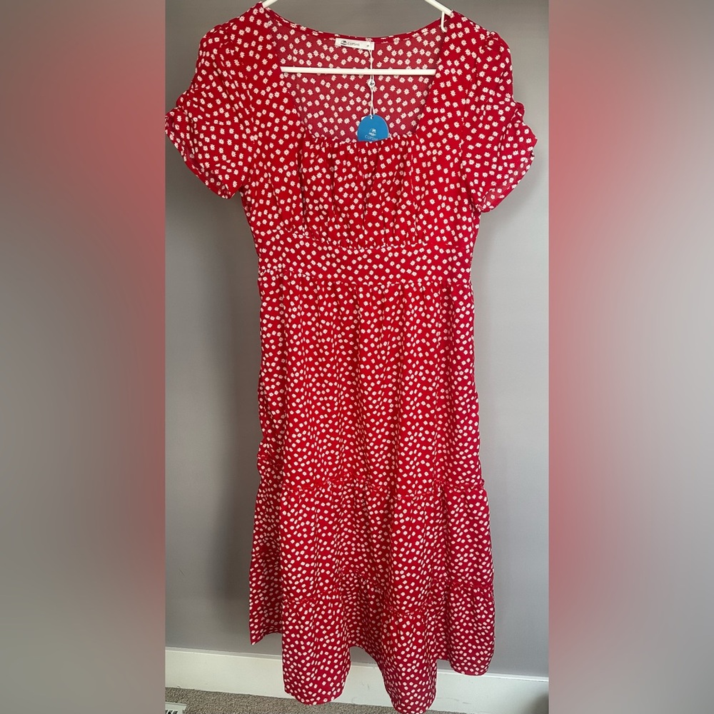 CUPSHE size SMALL Red With White Floral and Ruffles Design Midi Dress. NWT!!
